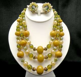 Vintage Large Green Rhinestones Butterscotch Bakelite Beads Necklace 