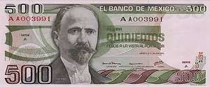 Mexico $ 500 Pesos Madero Jun 29, 1979 UNC Serie AA003991 LOW SERIE 