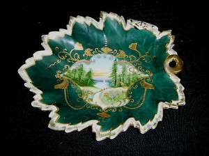 Hand Painted Made in Japan Leaf Shaped Nappie   Nature Scene   Gold 