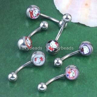 6Pcs Mixed *Hellokitty 14G Barbell Bars Belly Button Naval Ring Body 