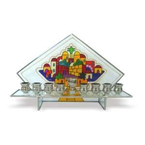  Menorah in Frosted Glass with Hand Painted Scene