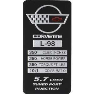  1991 Corvette Console Spec Plate 250HP L98 Automotive