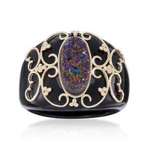   Rainbow Drusy and Swan Stone Scrolled Ring In 14kt Yellow Gold