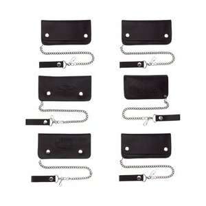   6pc Set Assorted Solid Genuine Leather Biker Wallets With Chains Black