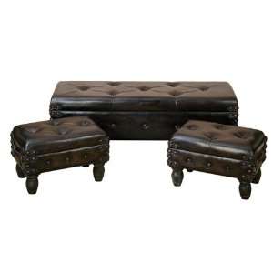  Set/ 3 Benzer Brown Leather Ottoman Bench + 2 Footstool 