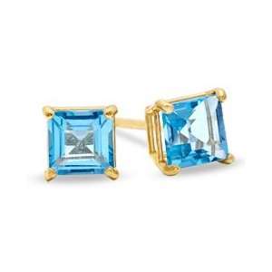  Princess Cut Blue Topaz Stud Earrings in 10K Gold 4mm BLUE 