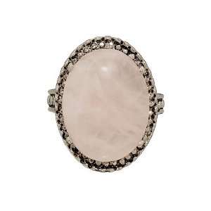 Large Oval Genuine Pink Quartz Fashion Ring in Antique Silvertone Size 