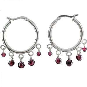    Sterling Silver Click Top Garnet Stone Hoop Earrings Jewelry