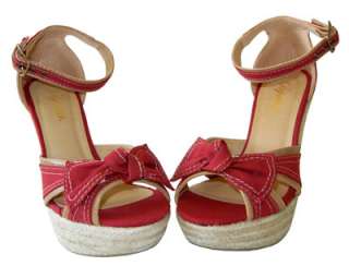 Adorable Canvas Bow Ankle Strap Espadrille Wedge Sandal Red  