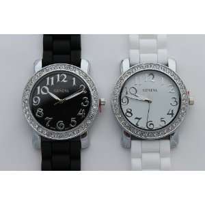   Platinum CZ Accented Silicone Gel Ceramic Style Link Watch Large Face