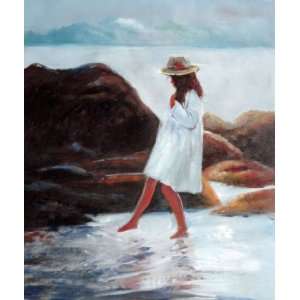   Girl Playing Water at Beach Oil Painting 24 x 20 inches: Home