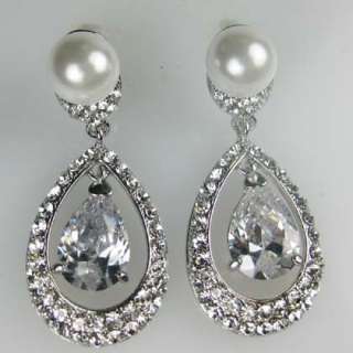   Crystal CZ Pearl Bridal Wedding Chandelier Earrings Silvertone  