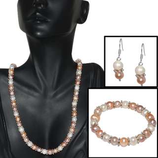 Pink Peach and White Freshwater Pearl Necklace Earrings Bracelet Set 7 