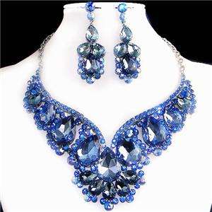 Drop Floral Earring Necklace Set Blue Swarovski Crystal Cluster  