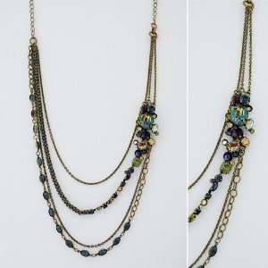  Multi Strand Necklace with Jewel Tone Crystal Cluster 