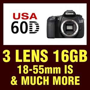 USA Canon Model EOS 60D SLR Body +3 Lens Kit:18 55mm IS, Wide, Tele 