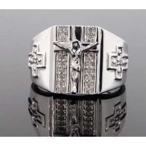   Unique Jesus and Cross Design on Mens Sterling Silver Diamond Ring
