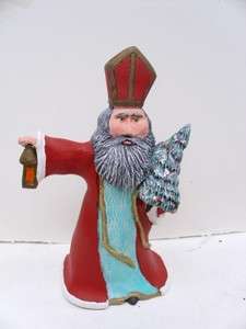   Wood 6 3/4 Catholic Santa Father Christmas Figurine Lantern Tre