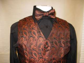   Dress Vest Necktie Bowtie Hanky Set Brick Color Paisley Design  