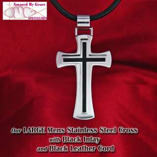 Large Mens Black Inlay Stainless Steel Cross Necklace  