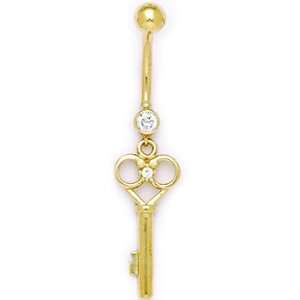   Solid 14kt Yellow Gold Cubic Zirconia Skeleton Key Belly Ring: Jewelry