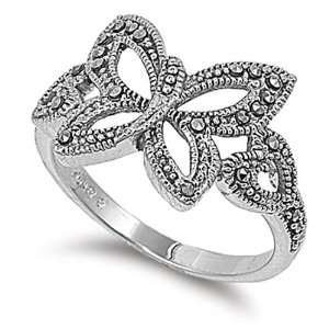   Engagement Ring Black CZ, Swiss Marcasite Butterfly Ring 15MM ( Size 5