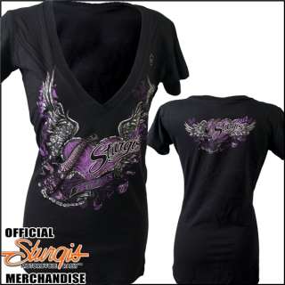 OFFICIAL 2012 STURGIS RALLY WOMENS HEART WINGS DEEP V NECK TEE TSHIRT 