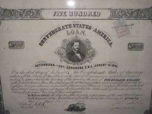 Judah Benjamin Confederate States $500 Bond  Attached Coupons 