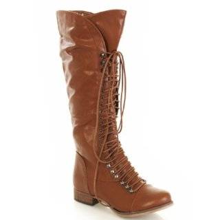 TAN Faux Crinkle Leather Lace up Calf High Combat Boots