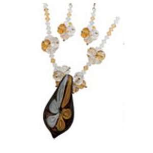 Fashion Jewelry ~Murano Glass Deluxe Set ~ Brown White Flower Murano 