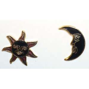  Small Black Cloisonne Sun & Moon Pierced Earrings Jewelry