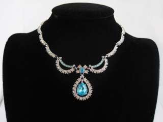 Vintage Bogoff Ornate Blue Rhinestone Pendant Necklace  
