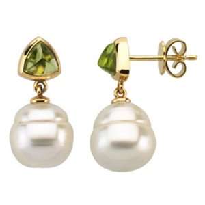  11MM Baroque White Pearl And Peridot Earrings  14K 