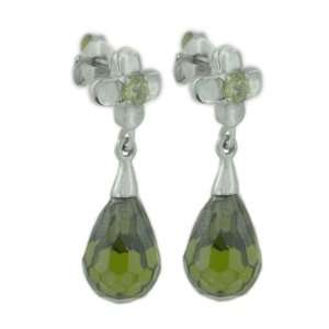  Faceted 3D Green CZ Pear Drop Earrings with Flower 