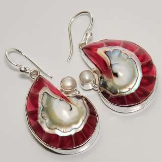 RARE  PINK AMMONITE SHELL , RIVER PEARL .925 SILVER EARRINGS 2 