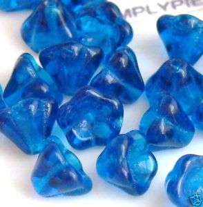 8mm CAPRI BLUE FLower Bell Czech Glass Beads 25  