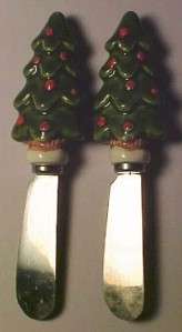Pretty CHRISTMAS TREE PORCELIAN HANDLE CHEESE KNIVES  