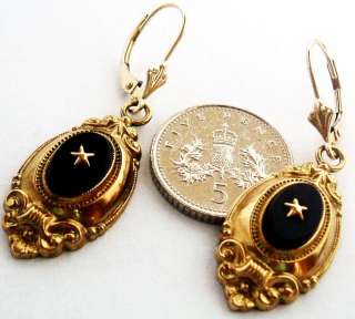   VICTORIAN 14k GOLD & ONYX DROP EARRINGS w 9ct LEVER BACK HOOKS NO RES