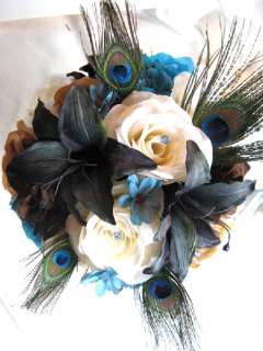   Bouquet Bridal Silk flowers BROWN TURQUOISE CREAM PEACOCK LILY 17pc