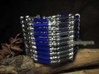   blue silver tone glass bead CUFF bangle bracelet India Jewelry  