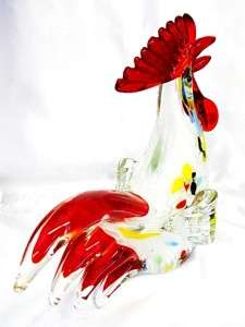   Hand Blown Glass White Rooster with Colorful Spots Bird Farm  