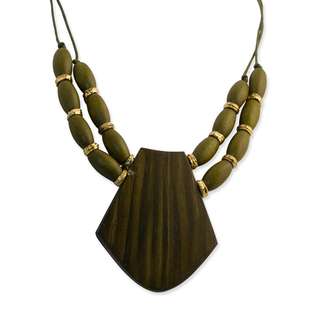 Gold tone w/ Natural Wood & Ceramic 3in Dangle Earrings