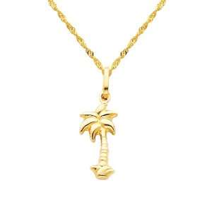  Gold Palm Tree Charm Pendant with Yellow Gold 1.2mm Singapore Chain 