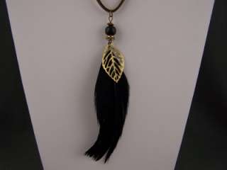 Black FEATHER brass leaf pendant necklace faux suede cord 15 long 