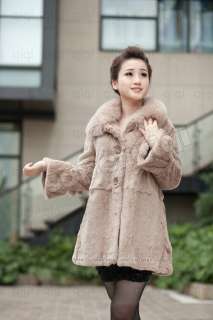   Genuine Rabbit Fur Long Coat Fox Collar Jacket Outwear Clothing Womens