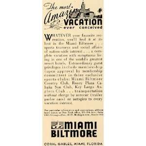  1936 Ad Miami Biltmore Coral Gable Florida Hotel Travel 