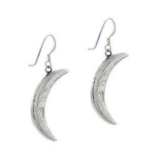   Silver Etched Design Puffed Crescent 3 D Moon Earrings Jewelry