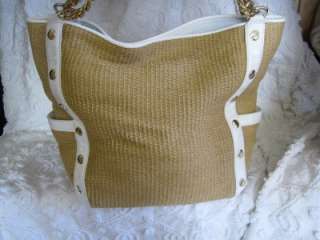Michael Kors Wicker and White Leather and Gold Chain Handbag  