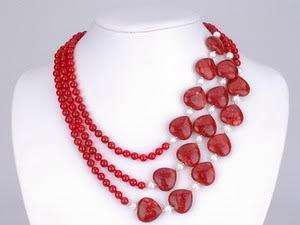 3Rows Red Heart Ruby White Pearl Red Ruby Necklace  
