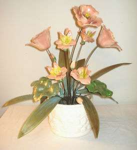   Enamel Floral Tabletop Peach Salmon Lilies Tulips Flower Arrangement